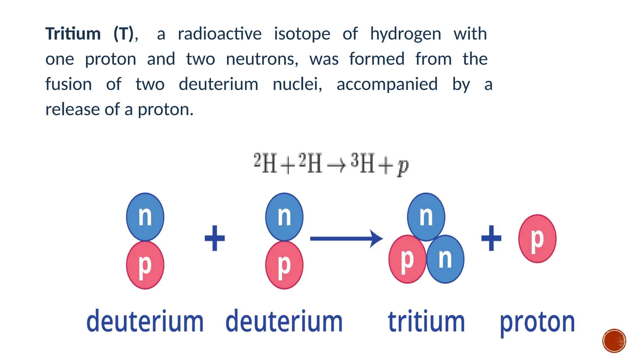 Tritium (T), a radioactive isotope of hydrogen with
one proton and two neutrons, was formed from the
fusion of two deuterium nuclei, accompanied by a
release of a proton.
 