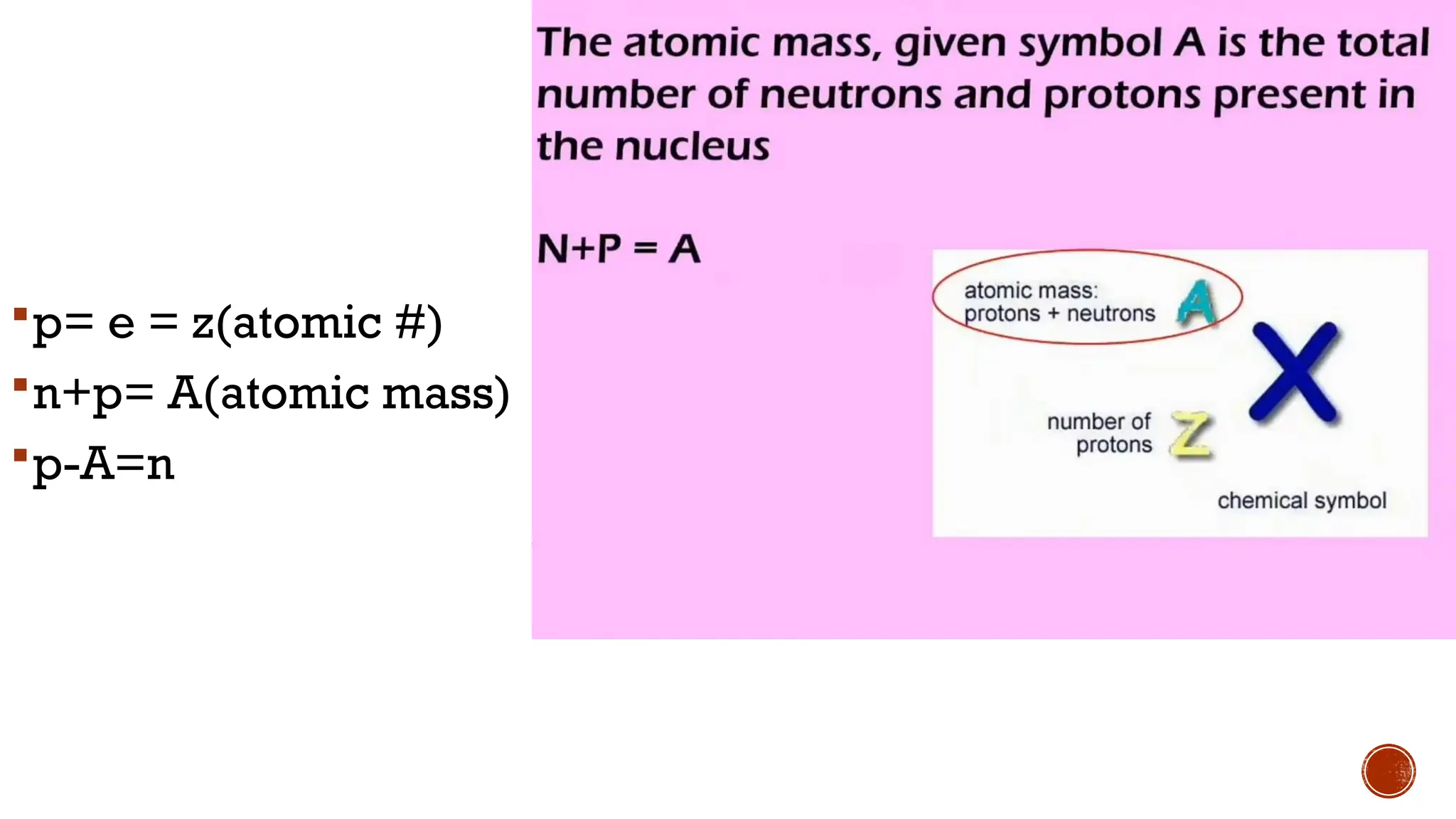 p= e = z(atomic #)
n+p= A(atomic mass)
p-A=n
 