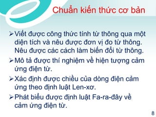 Chuẩn kiến thức cơ bản 
Viết được công thức tính từ thông qua một diện tích và nêu được đơn vị đo từ thông. Nêu được các cách làm biến đổi từ thông. 
Mô tả được thí nghiệm về hiện tượng cảm ứng điện từ. 
Xác định được chiều của dòng điện cảm ứng theo định luật Len-xơ. 
Phát biểu được định luật Fa-ra-đây về cảm ứng điện từ. 
8 
 