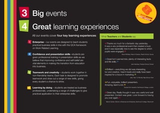 Great learning experiences
All our events cover four key learning experiences:
3
4
Big events
Enterprise – our events are designed to teach students
practical business skills in line with the QCA framework
on Work Related Learning.
Confidence and presentation skills –students are
given professional training in presentation skills as we
believe that improving confidence and self-belief are
vital elements in making the transition from education
into business.
Teamwork and creativity – students work together in
non-friendship teams. Each task is designed to promote
teamwork and draw out a range of new skills, giving
every student a chance to shine.
Learning by doing – students are treated as business
professionals, undertaking a range of challenges to give
practical application to their enterprise skills.
“Thanks so much for a fantastic day yesterday.
It was a very professional event that created a buzz
and it was especially nice to see the degree to which
pupils were engaged.
”	 Steve Whiteley, Head of Careers, Reed’s School, Surrey
“Great fun! Learned lots; plenty of interesting facts
and life skills.
”	 Jack Hershaw, Purbeck School, Dorset
“Brilliant – everything we did was interesting,
fun and creative. I learnt loads and really have been
inspired for a future in marketing.
”	 Jess, Year 10, Bromley High School, Kent
“Fun, enjoyable, brilliant presenters.
Amazing, learnt a lot.
”	 Quotes from students, Northwood College, London
“Great day. Really thought it was very useful and well
presented. Content was great. Look forward to having
you over again.
”	 Marcel Ciantar, Director of Business and Enterprise, 		 	
			 Budmouth College, Weymouth
1
3
2
4
MAKEANIMPACT
What Teachers and Students say
Steve Whiteley, Head of Careers, Reed’s School, Surrey
Jack Hershaw, Purbeck School, Dorset
Jess, Year 10, Bronley High School, Kent
Quotes from students, Northwood College, London
Marcel Ciantar, Director of Business and Enterprise, Budmouth College, Weymouth
 