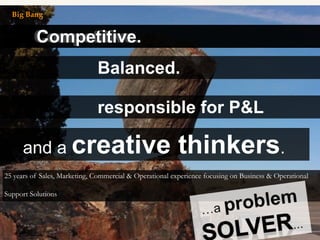 Balanced.
Competitive.
responsible for P&L
Competitive.
25 years of Sales, Marketing, Commercial & Operational experience focusing on Business & Operational
Support Solutions
and a creative thinkers.
Big Bang
 