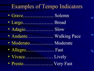Examples of Tempo Indicators Grave ……………….. Solemn Largo ……………….. Broad Adagio ……………… Slow Andante …………….. Walking Pace Moderato …………… Moderate Allegro ……………… Fast Vivace ……………… Lively Presto ………………. Very Fast 