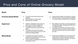 Pros and Cons of Online Grocery Model
.
Model Pros Cons
Inventory Based Model ● Consumers know which products are
available
● More suitable for monthly orders
● Requires least manpower
● Capital Intensive Model. Cold storage is required
● Since the model is inventory based, unavailability
of a certain product may lead to loss of customer
Hyperlocal ● Similar to marketplace model, hence no
extra cost of inventory management.
● No wastage of unsold inventory as
purchase of products is purely demand
driven
● The retailer can provide any brand or
product as long as they can source it from
another store-based retailer
● Not suitable for big orders as running around and
curating all the items, packaging and delivering is
a cumbersome task
● The retailer cannot confirm at the time of order
placement if they can provide a certain product or
not since they have to go and check post taking
the order
Mixed Model ● The retailer can provide any brand or
product as long as they can source it from
another store-based retailer
● Lower inventory management costs as size
of inventory is small
● Procurement management is more costly as the
retailer needs to invest in both, good inventory
management and delivery staff who can buy and
curate products based on demand
 
