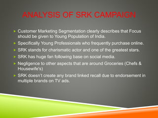ANALYSIS OF SRK CAMPAIGN
 Customer Marketing Segmentation clearly describes that Focus
should be given to Young Population of India.
 Specifically Young Professionals who frequently purchase online.
 SRK stands for charismatic actor and one of the greatest stars.
 SRK has huge fan following base on social media.
 Negligence to other aspects that are around Groceries (Chefs &
Housewife's)
 SRK doesn’t create any brand linked recall due to endorsement in
multiple brands on TV ads.
 