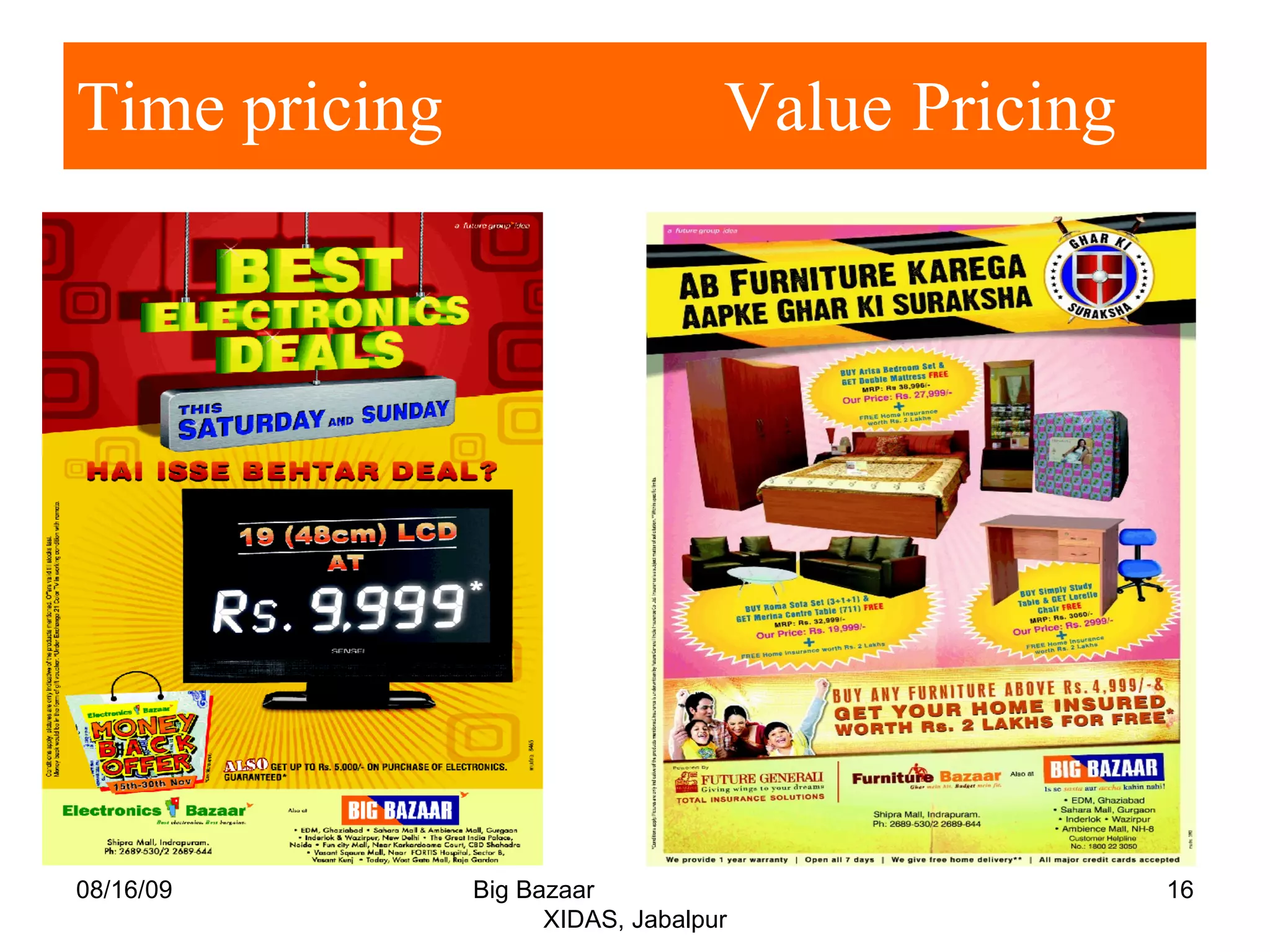 Time pricing   Value   Pricing   08/16/09 Big Bazaar  XIDAS, Jabalpur 