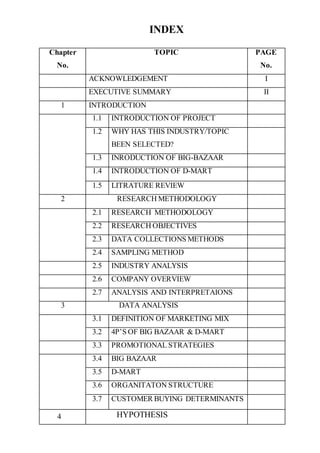 INDEX
Chapter
No.
TOPIC PAGE
No.
ACKNOWLEDGEMENT I
EXECUTIVE SUMMARY II
1 INTRODUCTION
1.1 INTRODUCTION OF PROJECT
1.2 WHY HAS THIS INDUSTRY/TOPIC
BEEN SELECTED?
1.3 INRODUCTION OF BIG-BAZAAR
1.4 INTRODUCTION OF D-MART
1.5 LITRATURE REVIEW
2 RESEARCH METHODOLOGY
2.1 RESEARCH METHODOLOGY
2.2 RESEARCH OBJECTIVES
2.3 DATA COLLECTIONS METHODS
2.4 SAMPLING METHOD
2.5 INDUSTRY ANALYSIS
2.6 COMPANY OVERVIEW
2.7 ANALYSIS AND INTERPRETAIONS
3 DATA ANALYSIS
3.1 DEFINITION OF MARKETING MIX
3.2 4P’S OF BIG BAZAAR & D-MART
3.3 PROMOTIONAL STRATEGIES
3.4 BIG BAZAAR
3.5 D-MART
3.6 ORGANITATON STRUCTURE
3.7 CUSTOMER BUYING DETERMINANTS
4 HYPOTHESIS
 