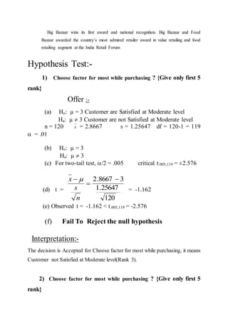 Big Bazaar wins its first award and national recognition. Big Bazaar and Food
Bazaar awarded the country’s most admired retailer award in value retailing and food
retailing segment at the India Retail Forum
Hypothesis Test:-
1) Choose factor for most while purchasing ? {Give only first 5
rank}
Offer :-
(a) Ho: µ = 3 Customer are Satisfied at Moderate level
Ha: µ  3 Customer are not Satisfied at Moderate level
n = 120 x = 2.8667 s = 1.25647 df = 120-1 = 119
 = .01
(b) Ho: µ = 3
Ha: µ  3
(c) For two-tail test, /2 = .005 critical t.005,119 = ±2.576
(d) t =
120
25647.1
38667.2 


n
s
x 
= -1.162
(e) Observed t = -1.162 < t.005,119 = -2.576
(f) Fail To Reject the null hypothesis
Interpretation:-
The decision is Accepted for Choose factor for most while purchasing, it means
Customer not Satisfied at Moderate level(Rank 3).
2) Choose factor for most while purchasing ? {Give only first 5
rank}
 