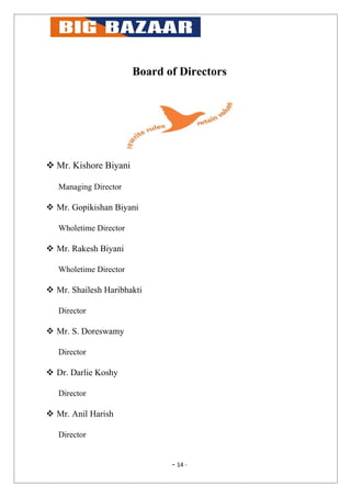 Board of Directors




 Mr. Kishore Biyani

   Managing Director

 Mr. Gopikishan Biyani

   Wholetime Director

 Mr. Rakesh Biyani

   Wholetime Director

 Mr. Shailesh Haribhakti

   Director

 Mr. S. Doreswamy

   Director

 Dr. Darlie Koshy

   Director

 Mr. Anil Harish

   Director


                               - 14 -
 