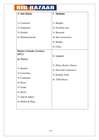 e) Star Sitara:                     f)   Shringar:



1) Cosmetics                        1) Bangles

2) Fragrances                       2) Jewellery sets

3) Herbals                          3) Bracelets

4) Pharmaceuticals                  4) Hair Accessories

                                    5) Bindies

                                    6) Chins
Plastics, Utensils, Crockery
(PUC)
                                    h)   Utensils:
g) Plastics:

                                    1) Plates, Bowls, Glasses
1) Buckets
                                    2) Non stick Cookware’s
2) Casseroles
                                    3) Kitchen Tools
3) Containers
                                    4) Tiffin Boxes
4) Boxes

5) Flasks

6) Bowls

7) Jugs & sippers

8) Bottles & Mugs




                               - 27 -
 