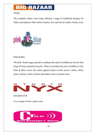 Srishti

The complete ethnic wear range offering a range of traditional designs for
ladies encompasses both salwar kameez sets and mix & match/ fusion wear.




Pink & Blue

The kids’ brand range created to celebrate the spirit of childhood, has the blue
range for boys and pink for girls. There is an infant line also available as well.
Pink & Blue covers the entire apparel needs of kids across t-shirts, shirts,
jeans, trousers, shorts, dresses and ethnic-wear/ occasion-wear.




STUDIO NYX

It is a range of men’s party wear.




                                      - 35 -
 