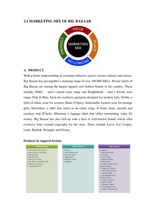 2.1 MARKETING MIX OF BIG BAZAAR




A. PRODUCT
With a better understanding of consumer behavior across various cultures and classes,
Big Bazaar has put together a stunning range of over 160,000 SKUs. Private labels of
Big Bazaar are among the largest apparel and fashion brands in the country. These
include, DJ&C – men‘s casual wear range and Knighthood – men‘s formal wear
range; Pink & Blue, Such are exclusive garments designed for modern kids; Srishti, a
label of ethnic wear for women; Haute N Spicy, fashionable western wear for teenage
girls; Dreamline, a label that caters to an entire range of home linen, utensils and
crockery and D‘tachi, Milestone a luggage label that offers outstanding value for
money. Big Bazaar has also tied up with a host of well-known brands which offer
exclusive lines created especially for the store. These include Levis, Lee Cooper,
Lotto, Reebok, Wrangler and Disney.


Products in Apparel Section
 