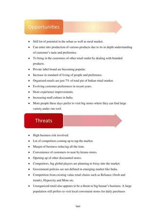 Still lot of potential in the urban as well as rural market.
Can enter into production of various products due to its in depth understanding
of customer‘s taste and preference.
To bring in the customers of other retail outlet by dealing with branded
products.
Private label brand are becoming popular.
Increase in standard of living of people and preference.
Organized retails are just 7% of total pie of Indian retail market.
Evolving customer preferences in recent years.
Store experience improvements.
Increasing mall culture in India.
More people these days prefer to visit big stores where they can find large
variety under one roof.




High business risk involved.
Lot of competitors coming up to tap the market.
Margin of business reducing all the time.
Convenience of customers to near by kirana stores.
Opening up of other discounted stores.
Competitors, big global players are planning to foray into the market.
Government policies are not defined in emerging market like India.
Competition from existing value retail chains such as Reliance (fresh and
trends), Hypercity and More etc.
Unorganized retail also appears to be a threat to big bazaar‘s business. A large
population still prefers to visit local convenient stores for daily purchases



                                    lxxii
 