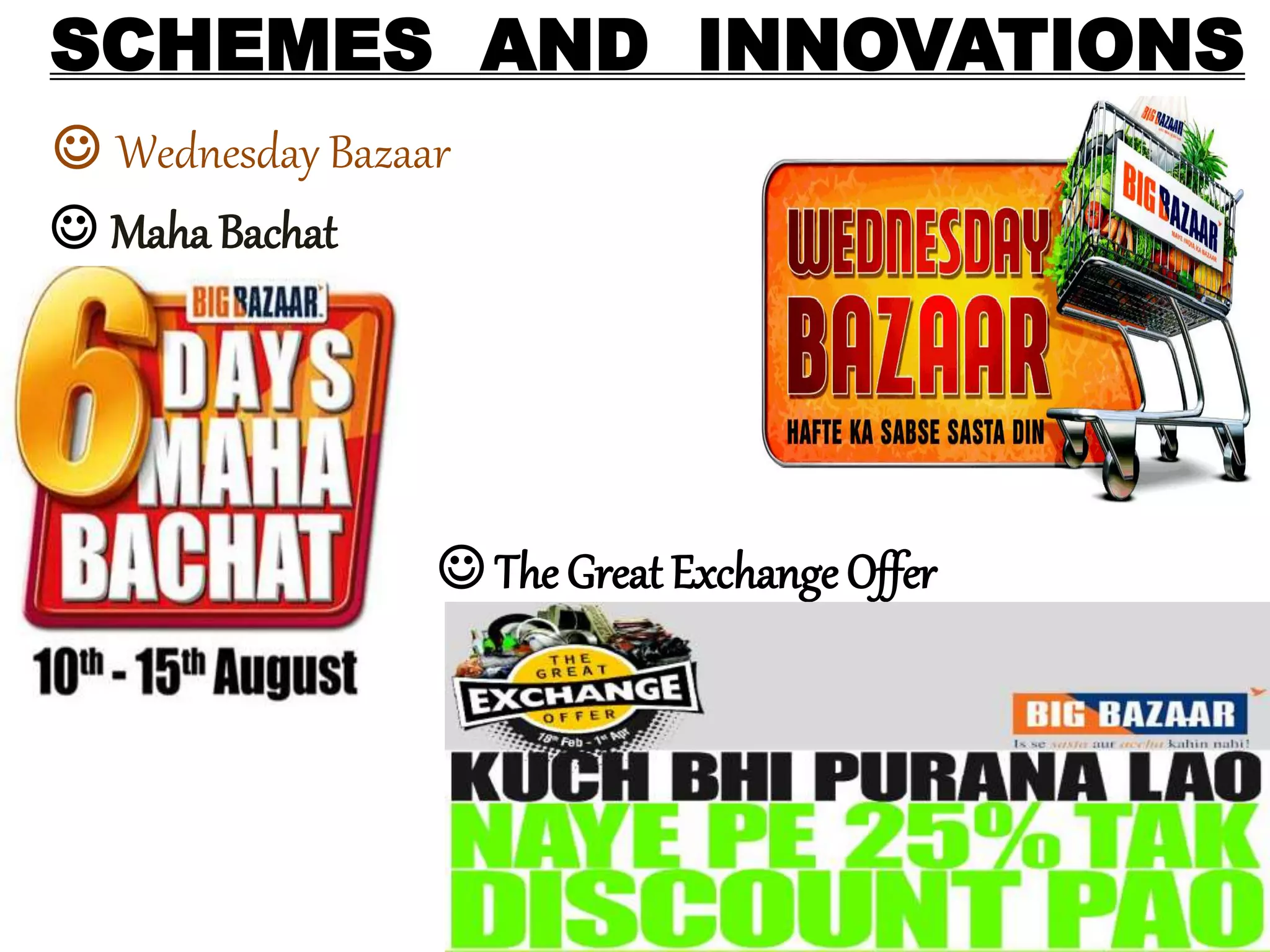 SCHEMES AND INNOVATIONS
 Wednesday Bazaar
 Maha Bachat
 The Great Exchange Offer
 
