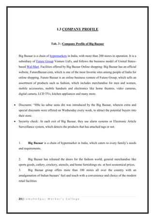 23 | J a m s h e d p u r W o r k e r ’ s C o l l e g e
1.3 COMPANY PROFILE
Tab. 3 : Company Profile of Big Bazaar
Big Bazaar is a chain of hypermarkets in India, with more than 200 stores in operation. It is a
subsidiary of Future Group Venture Ltd's, and follows the business model of United States-
based Wal-Mart. Facilities offered by Big Bazaar Online shopping: Big Bazaar has an official
website, FutureBazaar.com, which is one of the most favorite sites among people of India for
online shopping. Future Bazaar is an online business venture of Future Group, which sells an
assortment of products such as fashion, which includes merchandise for men and women,
mobile accessories, mobile handsets and electronics like home theatres, video cameras,
digital camera, LCD TVs, kitchen appliances and many more.
 Discounts: “Hfte ka sabse sasta din was introduced by the Big Bazaar, wherein extra and
special discounts were offered on Wednesday every week, to attract the potential buyers into
their store.
 Security check: At each exit of Big Bazaar, they use alarm systems or Electronic Article
Surveillance system, which detects the products that has attached tags or not.
1. Big Bazaar is a chain of hypermarket in India, which caters to every family‟s needs
and requirements.
2. Big Bazaar has released the doors for the fashion world, general merchandise like
sports goods, cutlery, crockery, utensils, and home furnishings etc. at best economical prices.
3. Big Bazaar group offers more than 100 stores all over the country with an
amalgamation of Indian bazaars‟ feel and touch with a convenience and choice of the modern
retail facilities
 