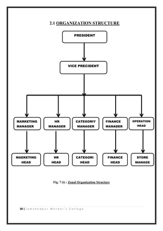 38 | J a m s h e d p u r W o r k e r ’ s C o l l e g e
2.1 ORGANIZATION STRUCTURE
Fig. 7 (i) : Zonal Organization Structure
PRESIDENT
VICE PRECIDENT
MARKETING
MANAGER
HR
MANAGER
FINANCE
MANADER
CATEGORIY
MANAGER
OPERATION
HEAD
MAEKETING
HEAD
HR
HEAD
CATEGORI
HEAD
FINANCE
HEAD
STORE
MANAGE
R
 