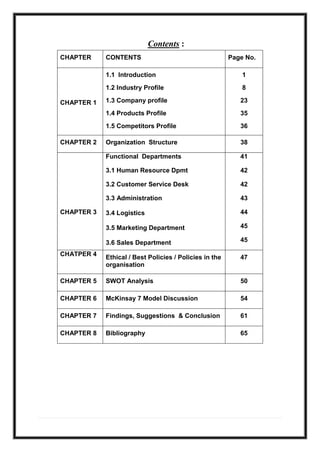 Contents :
CHAPTER CONTENTS Page No.
CHAPTER 1
1.1 Introduction
1.2 Industry Profile
1.3 Company profile
1.4 Products Profile
1.5 Competitors Profile
1
8
23
35
36
CHAPTER 2 Organization Structure 38
CHAPTER 3
Functional Departments
3.1 Human Resource Dpmt
3.2 Customer Service Desk
3.3 Administration
3.4 Logistics
3.5 Marketing Department
3.6 Sales Department
41
42
42
43
44
45
45
CHATPER 4
Ethical / Best Policies / Policies in the
organisation
47
CHAPTER 5 SWOT Analysis 50
CHAPTER 6 McKinsay 7 Model Discussion 54
CHAPTER 7 Findings, Suggestions & Conclusion 61
CHAPTER 8 Bibliography 65
 
