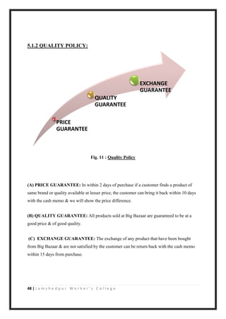 48 | J a m s h e d p u r W o r k e r ’ s C o l l e g e
5.1.2 QUALITY POLICY:
Fig. 11 : Quality Policy
(A) PRICE GUARANTEE: In within 2 days of purchase if a customer finds a product of
same brand or quality available at lesser price, the customer can bring it back within 10 days
with the cash memo & we will show the price difference.
(B) QUALITY GUARANTEE: All products sold at Big Bazaar are guaranteed to be at a
good price & of good quality.
(C) EXCHANGE GUARANTEE: The exchange of any product that have been bought
from Big Bazaar & are not satisfied by the customer can be return back with the cash memo
within 15 days from purchase.
PRICE
GUARANTEE
QUALITY
GUARANTEE
EXCHANGE
GUARANTEE
 