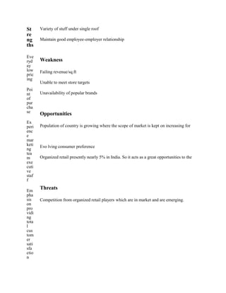 St
re
ng
ths
Eve
ryd
ay
low
pric
ing
Poi
nt
of
pur
cha
se
Ex
peri
enc
e
mar
keti
ng
tea
m
exe
cuti
ve
staf
f
Em
pha
sis
on
pro
vidi
ng
tota
l
cus
tom
er
sati
sfa
ctio
n
Variety of stuff under single roof
Maintain good employee-employer relationship
Weakness
Failing revenue/sq.ft
Unable to meet store targets
Unavailability of popular brands
Opportunities
Population of country is growing where the scope of market is kept on increasing for
Evo lving consumer preference
Organized retail presently nearly 5% in India. So it acts as a great opportunities to the
Threats
Competition from organized retail players which are in market and are emerging.
 