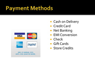  Cash on Delivery 
 Credit Card 
 Net Banking 
 EMI Conversion 
 Check 
 Gift Cards 
 Store Credits 
 