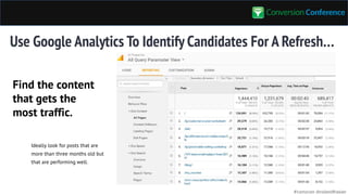 #convcon @rolandfrasier
Use Google Analytics To Identify Candidates For A Refresh…
Ideally look for posts that are
more th...