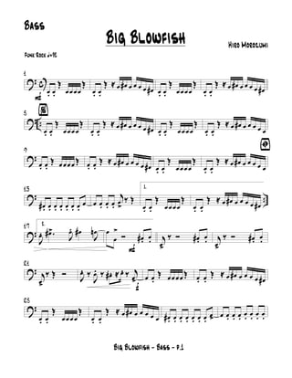 ? c
F
1
œ. œ.
Œ
œœ œœ
Œ
œ. œ.
Œ ≈ œ œ# œ œ œ œ œ# œ. œ.
Œ
œœ œœ
Œ
œ. œ.
Œ ≈ œ œ# œ œ œ œ œ#
? ..
5 %
œ. œ.
Œ
œ œœ œ
Œ
œ. œ.
Œ ≈ œ œ# œ œ œ œ œ# œ. œ.
Œ
œœ œœ
Œ
œ. œ.
Œ ≈ œ œ# œ œ œ œ œ
?
9
œ. œ.
Œ œ œœ œ Œ œ. œ.
Œ ≈ œ œ# œ œ œ œ œ# œ. œ.
Œ
œœ œœ
Œ
ﬁ
œ. œ.
Œ ≈ œ œ# œ œ œ œ œ
? ..
13
œ#. œ. œ. œ. œ. œ. œ.
œ œ œ. œ. œ.
j
œ
>
‰ Œ
1.
œ. œ.
Œ
œœ œœ
Œ
œ. œ.
Œ ≈ œ œ# œ œ œ œ œ#
?
17 2.
J
œ. .œ#>
J
œ. œ#
J
œn
F
œ
œ
>
Ó œ#. œ. j
œ>
‰ Ó œ#. œ. j
œ>
‰ Ó œ#. œ.
?
21
j
œ>
‰ Œ Ó
f
J
œ. ‰
J
œ. ‰ œ#. ≈ œ. ‰ j
œ> œ œ.
Œ œœ œœ Œ œ. œ.
Œ ≈ œ œ# œ œ œ œ œ#
?
25
œ. œ.
Œ
œœ œœ
Œ
œ. œ.
Œ ≈ œ œ# œ œ œ œ œ œ#. œ. œ. œ. œ. œ. œ.
œ> œ œ. œ. œ. œ. œ. œ. œ.
Big Blowfish - Bass - p.1
Big Blowfish Hiro Morozumi
Funk Rock q=92
Bass
 