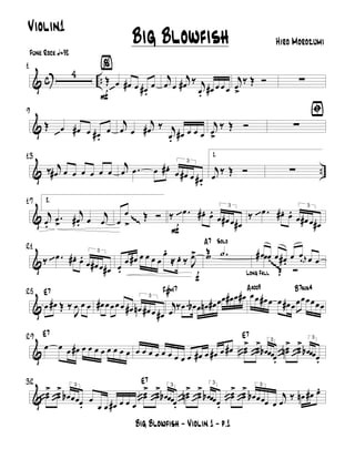 & c ..
1
4
F
%
Œ œ œ# œ œ#.
œ
j
œ œ
j
œ# ‰ j
œ. œ# œ œ œ
j
œ
>
‰ Œ Ó ∑
&
9
Œ œ œ# œ œ#.
œ
j
œ œ
j
œ# ‰ j
œ. œ# œ œ œ
j
œ
>
‰ Œ Ó
ﬁ
∑
& ..
13
‰ j
œ# œ œ œ œ œ œ
j
œ .œ œ œ#. 3
œ œ# œ œ#.
1.
j
œ
‰ Œ Ó ∑
&
17 2.
j
œ.
.œ
>
j
œ#. œ
j
œ œ
œ
>≤
Œ Ó
F
‰ .œ œ#. œ. 3
œ œ# œ œ#
‰ .œ œ#. œ. 3
œ œ# œ œ#
&
21
‰ .œ œ#. œ. 3
œ œ# œ œ#
f
œ.
œ œ# œ œ œ œ
œ.
≈ œ. ‰ J
œ>
Solo
Œ .˙
A7
w
Long Fall
œ# œ. œ œ#.
œ œ. r
œ œ œœ
≤Œ Ó
&
25
œ œ# Œ ‰
J
œ œ œ
E7
œ# œ œœ œ œ#
3
œn œ# œ œ#
j
œ
‰ .œ œb œ œn œ# œœ œ# œ œ#F#È œœ œ# œ œ œ# œœœœœœœ
A˚ B
&
29
œ œ œ œ# œ œ œ œ œ œ œ œ
E7
œ œ œ œ œ œ œ œ œ œ# œ œ# œ œ# œœ
> œœ
> 3
œb œœœ.
œœn
> œœ
>
3
œb œœœ.
E7
&
32
œœ
> œœ
> 3
œb œœœ.
œ
œ œ œ# œ œ œ
œœ
> œœ
> 3
œb œœœ.
œœn
> œœ
> 3
œb œœœ.
E7
œœ
> œœ
> 3
œb œœœ œ
j
œ
‰ œn œ# œ.
Big Blowfish - Violin 1 - p.1
Big Blowfish Hiro Morozumi
Funk Rock q=92
Violin1
 