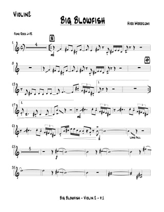 & c ..
1 4
F
%
Œ œ œ# œ œ#.
œ
j
œ œ
j
œ# ‰ j
œ. œ# œ œ œ
j
œ
>
‰ Œ Ó
&
8
∑ Œ œ œ# œ œ#.
œ
j
œ œ
j
œ# ‰ j
œ. œ# œ œ œ
j
œ
>
‰ Œ Ó
ﬁ
∑
& ..
13
‰ j
œ œ# œ œ œ œ œ
j
œ .œ œ
œ#.
3
œ œ# œ œ#.
1.
j
œ
‰ Œ Ó ∑
&
17 2.
j
œ. .œ>
j
œ#. œ
j
œ œ
œ
>≤
Œ Ó
F
‰ .œ# œ. œ. 3
œ œ# œ œ#
‰ .œ# œ. œ. 3
œ œ# œ œ#
&
21
‰ .œ# œ. œ. 3
œ œ# œ œ#
f
œ.
œ œ# œ œ œ œ œ. ≈ œ.
‰
J
œ
>
w
Long Fall
œ
≤
Œ Ó
&
25 5
p
Ó Œ œ# w ˙ Œ œ# w ˙ Œ œ#
&
35
w ˙ Œ œ# w ˙ Ó ww# ˙˙ ˙˙##
Big Blowfish - Violin 2 - p.1
Big Blowfish Hiro Morozumi
Funk Rock q=92
Violin2
 