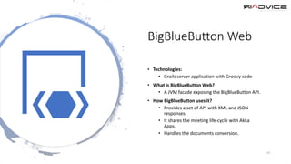 BigBlueButton Web
• Technologies:
• Grails server application with Groovy code
• What is BigBlueButton Web?
• A JVM facade exposing the BigBlueButton API.
• How BigBlueButton uses it?
• Provides a set of API with XML and JSON
responses.
• It shares the meeting life-cycle with Akka
Apps.
• Handles the documents conversion.
14
 