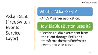 Akka FSESL
(FreeSwitch
Events
Service
Layer)
18
What is Akka FSESL?
•An JVM server application.
How BigBlueButton uses it?
•Receives audio events sent from
the client through Redis and
transforms them to FreeSwitch
events and vice-versa.
 