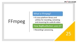 FFmpeg
25
What is FFmpeg?
• A cross-platfrom library and
utilities for recording, conveting
and streaming for audio & video.
How BigBlueButton uses it?
• Recordings’ processing.
 