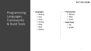Programming
Languages,
Frameworks
& Build Tools
• Languages:
• Node.js
• Java
• Scala
• Groovy
• Ruby
• Bash
• Python
• Frameworks:
• Meteor
• Akka
• Grails
• Build Tools
• sbt
• gradle
4
 