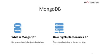 MongoDB
8
What is MongoDB?
Document-based distributed database.
How BigBlueButton uses it?
Store the client data in the server side.
 