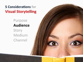 5 Considerations for
Visual Storytelling

     Purpose
     Audience
     Story
     Medium
     Channel
 