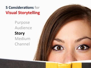 5 Considerations for
Visual Storytelling

     Purpose
     Audience
     Story
     Medium
     Channel
 