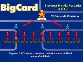 Paga-se 0,15% sobre o consumo de todos até o 10º Nível em profundidade 02.Bônus de Consumo Sistema Matriz Forçada 3 x 10 Você 