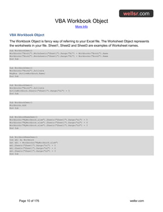 VBA Workbook Object
More Info
Page 10 of 176 wellsr.com
VBA Workbook Object
The Workbook Object is fancy way of referring to your Excel file. The Worksheet Object represents
the worksheets in your file. Sheet1, Sheet2 and Sheet3 are examples of Worksheet names.
Sub WorkbookDemo()
Workbooks("Book1").Worksheets("Sheet1").Range("A1") = Workbooks("Book1").Name
Workbooks("Book2").Worksheets("Sheet1").Range("A1") = Workbooks("Book2").Name
End Sub
Sub WorkbookDemo()
Workbooks("Book2").Activate
MsgBox (ActiveWorkbook.Name)
End Sub
Sub WorkbookDemo()
Workbooks("Book2").Activate
ActiveWorkbook.Sheets("Sheet1").Range("a1") = 5
End Sub
Sub WorkbookDemo()
Workbooks.Add
End Sub
Sub WorkbookNameDemo()
Workbooks("MyWorkbook.xlsm").Sheets("Sheet1").Range("a1") = 5
Workbooks("MyWorkbook.xlsm").Sheets("Sheet1").Range("a2") = 4
Workbooks("MyWorkbook.xlsm").Sheets("Sheet1").Range("a3") = 3
End Sub
Sub WorkbookNameDemo()
Dim wb1 As Workbook
Set wb1 = Workbooks("MyWorkbook.xlsm")
wb1.Sheets("Sheet1").Range("a1") = 5
wb1.Sheets("Sheet1").Range("a2") = 4
wb1.Sheets("Sheet1").Range("a3") = 3
End Sub
 