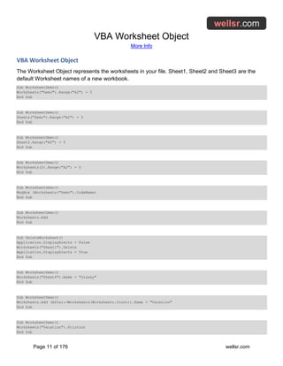 VBA Worksheet Object
More Info
Page 11 of 176 wellsr.com
VBA Worksheet Object
The Worksheet Object represents the worksheets in your file. Sheet1, Sheet2 and Sheet3 are the
default Worksheet names of a new workbook.
Sub WorksheetDemo()
Worksheets("Demo").Range("A2") = 5
End Sub
Sub WorksheetDemo()
Sheets("Demo").Range("A2") = 5
End Sub
Sub WorksheetDemo()
Sheet2.Range("A2") = 5
End Sub
Sub WorksheetDemo()
Worksheets(2).Range("A2") = 5
End Sub
Sub WorksheetDemo()
MsgBox (Worksheets("Demo").CodeName)
End Sub
Sub WorksheetDemo()
Worksheets.Add
End Sub
Sub DeleteWorksheet()
Application.DisplayAlerts = False
Worksheets("Sheet1").Delete
Application.DisplayAlerts = True
End Sub
Sub WorksheetDemo()
Worksheets("Sheet4").Name = "Disney"
End Sub
Sub WorksheetDemo()
Worksheets.Add (After:=Worksheets(Worksheets.Count)).Name = "Vacation"
End Sub
Sub WorksheetDemo()
Worksheets("Vacation").Printout
End Sub
 