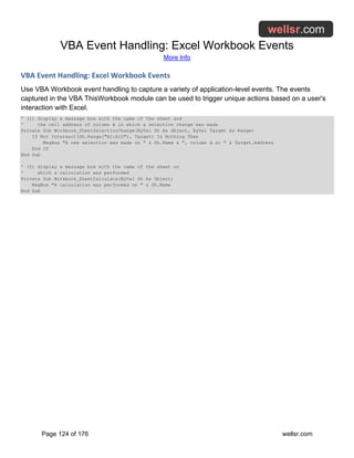 VBA Event Handling: Excel Workbook Events
More Info
Page 124 of 176 wellsr.com
VBA Event Handling: Excel Workbook Events
Use VBA Workbook event handling to capture a variety of application-level events. The events
captured in the VBA ThisWorkbook module can be used to trigger unique actions based on a user's
interaction with Excel.
' (1) display a message box with the name of the sheet and
' the cell address of column A in which a selection change was made
Private Sub Workbook_SheetSelectionChange(ByVal Sh As Object, ByVal Target As Range)
If Not Intersect(Sh.Range("A1:A10"), Target) Is Nothing Then
MsgBox "A new selection was made on " & Sh.Name & ", column A at " & Target.Address
End If
End Sub
' (2) display a message box with the name of the sheet on
' which a calculation was performed
Private Sub Workbook_SheetCalculate(ByVal Sh As Object)
MsgBox "A calculation was performed on " & Sh.Name
End Sub
 