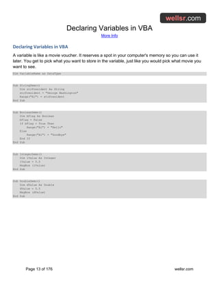 Declaring Variables in VBA
More Info
Page 13 of 176 wellsr.com
Declaring Variables in VBA
A variable is like a movie voucher. It reserves a spot in your computer's memory so you can use it
later. You get to pick what you want to store in the variable, just like you would pick what movie you
want to see.
Dim VariableName as DataType
Sub StringDemo()
Dim strPresident As String
strPresident = "George Washington"
Range("A1") = strPresident
End Sub
Sub BooleanDemo()
Dim bFlag As Boolean
bFlag = False
If bFlag = True Then
Range("A1") = "Hello"
Else
Range("A1") = "Goodbye"
End If
End Sub
Sub IntegerDemo()
Dim iValue As Integer
iValue = 5.5
MsgBox (iValue)
End Sub
Sub DoubleDemo()
Dim dValue As Double
dValue = 5.5
MsgBox (dValue)
End Sub
 