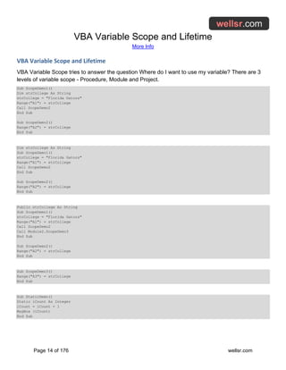 VBA Variable Scope and Lifetime
More Info
Page 14 of 176 wellsr.com
VBA Variable Scope and Lifetime
VBA Variable Scope tries to answer the question Where do I want to use my variable? There are 3
levels of variable scope - Procedure, Module and Project.
Sub ScopeDemo1()
Dim strCollege As String
strCollege = "Florida Gators"
Range("A1") = strCollege
Call ScopeDemo2
End Sub
Sub ScopeDemo2()
Range("A2") = strCollege
End Sub
Dim strCollege As String
Sub ScopeDemo1()
strCollege = "Florida Gators"
Range("A1") = strCollege
Call ScopeDemo2
End Sub
Sub ScopeDemo2()
Range("A2") = strCollege
End Sub
Public strCollege As String
Sub ScopeDemo1()
strCollege = "Florida Gators"
Range("A1") = strCollege
Call ScopeDemo2
Call Module2.ScopeDemo3
End Sub
Sub ScopeDemo2()
Range("A2") = strCollege
End Sub
Sub ScopeDemo3()
Range("A3") = strCollege
End Sub
Sub StaticDemo()
Static iCount As Integer
iCount = iCount + 1
MsgBox (iCount)
End Sub
 