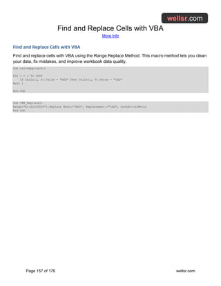Find and Replace Cells with VBA
More Info
Page 157 of 176 wellsr.com
Find and Replace Cells with VBA
Find and replace cells with VBA using the Range.Replace Method. This macro method lets you clean
your data, fix mistakes, and improve workbook data quality.
Sub naiveApproach()
For i = 2 To 5000
If Cells(i, 6).Value = "AUD" Then Cells(i, 6).Value = "CAD"
Next i
End Sub
Sub VBA_Replace()
Range("A1:ZZ200000").Replace What:="AUD", Replacement:="CAD", LookAt:=xlWhole
End Sub
 