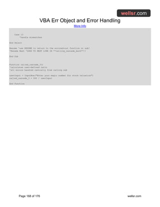VBA Err Object and Error Handling
More Info
Page 168 of 176 wellsr.com
Case 13
'handle mismatches
End Select
Resume 'use RESUME to return to the errored-out function or sub!
'Resume Next 'GOES TO NEXT LINE IN **calling_cascade_back**!!
End Sub
Function called_cascade_3()
'calculates user-defined ratio
'all errors handled centrally from calling sub
userInput = InputBox("Enter your magic number for stock valuation")
called_cascade_3 = 500 / userInput
End Function
 
