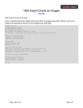 VBA Export Charts as Images
More Info
Page 169 of 176 wellsr.com
VBA Export Charts as Images
Learn to identify Excel chart objects then export them as images using VBA. Saving a chart as an
image is the best way to ensure no one changes your chart data.
Sub exportCharts()
'dimension and set objects
Dim endFileName As String
Dim salesChart As ChartObject
Dim origHeight As Integer, origWidth As Integer
Set salesChart = Sheets("Quarterly Sales per Branch").ChartObjects("Sales NCW")
'capture original dimensions
origHeight = salesChart.Height
origWidth = salesChart.Width
'resize chart
salesChart.Height = 500
salesChart.Width = 500
'build file path and name
'make sure to concatenate the backslash or you will land in the
'parent folder with the target folder in the filename
endFileName = ThisWorkbook.Path & "" & salesChart.Name & ".jpg"
salesChart.Chart.Export endFileName
'restore original dimensions
salesChart.Height = origHeight
salesChart.Width = origWidth
End Sub
 
