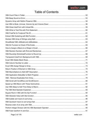 Table of Contents
Page 3 of 176 wellsr.com
VBA Count Files in Folder ............................................................................................................................... 52
VBA Beep Sound on Error............................................................................................................................... 53
Dynamic Array with ReDim Preserve VBA....................................................................................................... 54
Use VBA to Mute, Unmute, Volume Up and Volume Down ............................................................................. 56
VBA Close UserForm with Unload Me............................................................................................................. 59
VBA Write to Text File with Print Statement..................................................................................................... 60
VBA FreeFile for Foolproof File IO................................................................................................................... 61
Extract VBA Substring with Mid Function......................................................................................................... 62
Declare VBA Array of Strings using Split ......................................................................................................... 63
ShowModal VBA vbModal and vbModeless..................................................................................................... 64
VBA Dir Function to Check if File Exists .......................................................................................................... 65
How to Assign a Macro to a Shape in Excel .................................................................................................... 66
VBA Random Number with Rnd and Randomize............................................................................................. 67
VBA RoundUp WorksheetFunction to Round Up............................................................................................. 68
Transparent UserForm Background with VBA ................................................................................................. 69
Excel VBA Delete Blank Rows......................................................................................................................... 71
VBA Column Number to Letter ........................................................................................................................ 72
Excel VBA Assign Range to Array ................................................................................................................... 73
Return Position of Element in VBA Array......................................................................................................... 74
VBA MacroOptions to Add UDF Description.................................................................................................... 76
VBA Application.StatusBar to Mark Progress .................................................................................................. 77
VBA - Remove Duplicates from Array.............................................................................................................. 78
VBA Scroll with ScrollRow and ScrollColumn .................................................................................................. 80
Speed up VBA Macro with These Subroutines ................................................................................................ 81
Use VBA Sleep to Add Time Delay to Macro................................................................................................... 82
The VBA Mod Operator Explained................................................................................................................... 83
Square Root in VBA with the Sqr Function ...................................................................................................... 84
VBA Absolute Value with Abs function............................................................................................................. 85
VBA bubble sort macro to sort array................................................................................................................ 86
VBA Quicksort macro to sort arrays fast .......................................................................................................... 87
Reverse order of an array with VBA................................................................................................................. 89
Perform Integer Division with the VBA Backslash Operator ............................................................................. 90
VBA Fade Userform In and Out....................................................................................................................... 91
 