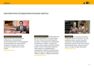 11
КЕЙСЫ
МОКУМЕНТАРИ (ПСЕВДОКУМЕНТАЛЬНЫЕ) ВИРУСЫ
ДОКТОР НЮ (NU FLAME)
Вирусная реклама сексуального
стимулятора, стилизованная
под новостной ролик о расследовании
по делу мифического доктора НЮ,
который по легенде лечил своих
пациенток от фригидности через
соитие.
www.vimeo.com
ПОДМЕНА А это ролик-розыгрыш
«Подмена» для сети Fix price. Тут, как
минимум, можно оценить масштаб
содеянного. Мы передекорировали
реальный магазин Fix price под псевдо
премиальный бутик, повысив в разы
цены и оставив товары прежними.
www.vimeo.com
ГАРРИ ПОТТЕР РЭП Небезызвестная
Наталья Николавна с ее рэпом Гарри
Поттер. Полное отсутствие бюджета
на посев, а как результат, всенародная
популярность героини, которую, мы,
к слову, нашли среди актерах массовки.
Сейчас Наталья Николавна уверенно
ообосновалась на федеральном
телевидении и является завсегдатаем
таких ток шоу, как «Давай Поженимся»,
«Минута Славы» и «Модный приговор».
www.youtube.com
 