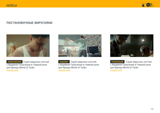 15
КЕЙСЫ
ПОСТАНОВОЧНЫЕ ВИРУСНЯКИ
ЛЮБОВНИК Серия вирусных скетчей
с Вадимом Галыгиным в главной роли
для бренда World of Tanks
vimeo.com
СЫНОК Серия вирусных скетчей
с Вадимом Галыгиным в главной роли
для бренда World of Tanks
vimeo.com
ПЛЕННЫЙ Серия вирусных скетчей
с Вадимом Галыгиным в главной роли
для бренда World of Tanks
vimeo.com
 