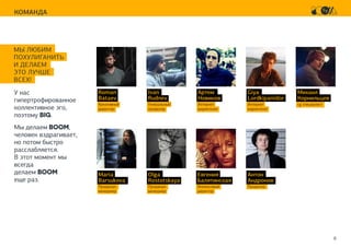 6
КОМАНДА
У нас
гипертрофированное
коллективное эго,
поэтому BIG.
Мы делаем BOOM,
человек вздрагивает,
но потом быстро
расслабляется.
В этот момент мы
всегда
делаем BOOM
еще раз.
Roman
Bataev
Креативный
директор
Maria
Barsukova
Продакшн
менеджер
Ivan
Rudnev
Генеральный
продюсер
Olga
Rostotskaya
Продакшн
менеджер
Артем
Новиков
Интернет
маркетолог
Евгения
Балятинская
Финансовый
директор
Giya
Lordkipanidze
Интернет
маркетолог
Антон
Андронов
Продюсер
Михаил
Корнильцев
cg специалист
МЫ ЛЮБИМ
ПОХУЛИГАНИТЬ
И ДЕЛАЕМ
ЭТО ЛУЧШЕ
ВСЕХ!
 