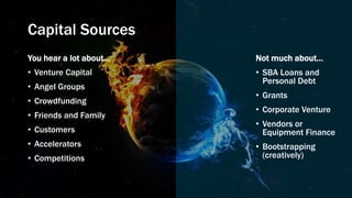 Capital Sources
You hear a lot about…
• Venture Capital
• Angel Groups
• Crowdfunding
• Friends and Family
• Customers
• Accelerators
• Competitions
Not much about…
• SBA Loans and
Personal Debt
• Grants
• Corporate Venture
• Vendors or
Equipment Finance
• Bootstrapping
(creatively)
 