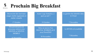 Prochain Big Breakfast
Pied de page 38
Découverte des nouveaux
usages réalité augmentée et
réalité virtuelle
17 Octobre
Azure Logs Analytics, à
quoi ça sert ?
19 Octobre
La gestion des identités dans
le Cloud
7 Novembre
Dématérialisation de
processus métiers avec
NINTEX et NINTEX
MOBILE
16 Novembre
Mise en œuvre d’un
DIGITAL WORKPLACE
avec Powell365
30 Novembre
Le BYOD et la mobilité
7 Décembre
 