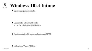 l Gestion des postes nomades
l Deux modes Cloud ou Hybride
o SCCM = Cal cliente SCCM offerte
l Gestion des périphériques, applications et MAM
l Utilisation d’Azure AD Join
Windows 10 et Intune
Pied de page 7
 